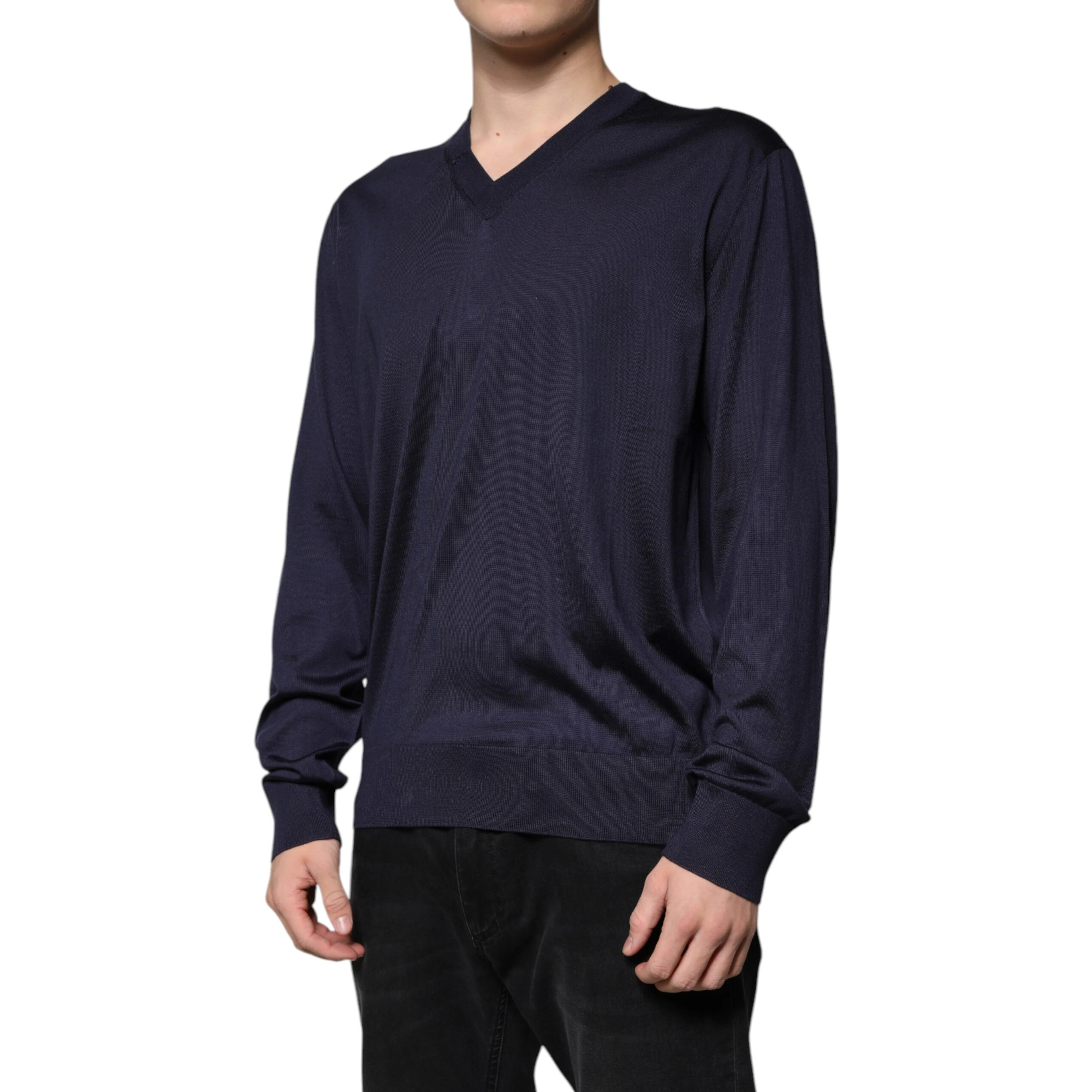 Navy Blue Silk V-neck Pullover Sweater