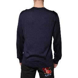 Navy Blue Silk V-neck Pullover Sweater