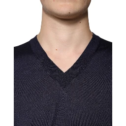 Navy Blue Silk V-neck Pullover Sweater