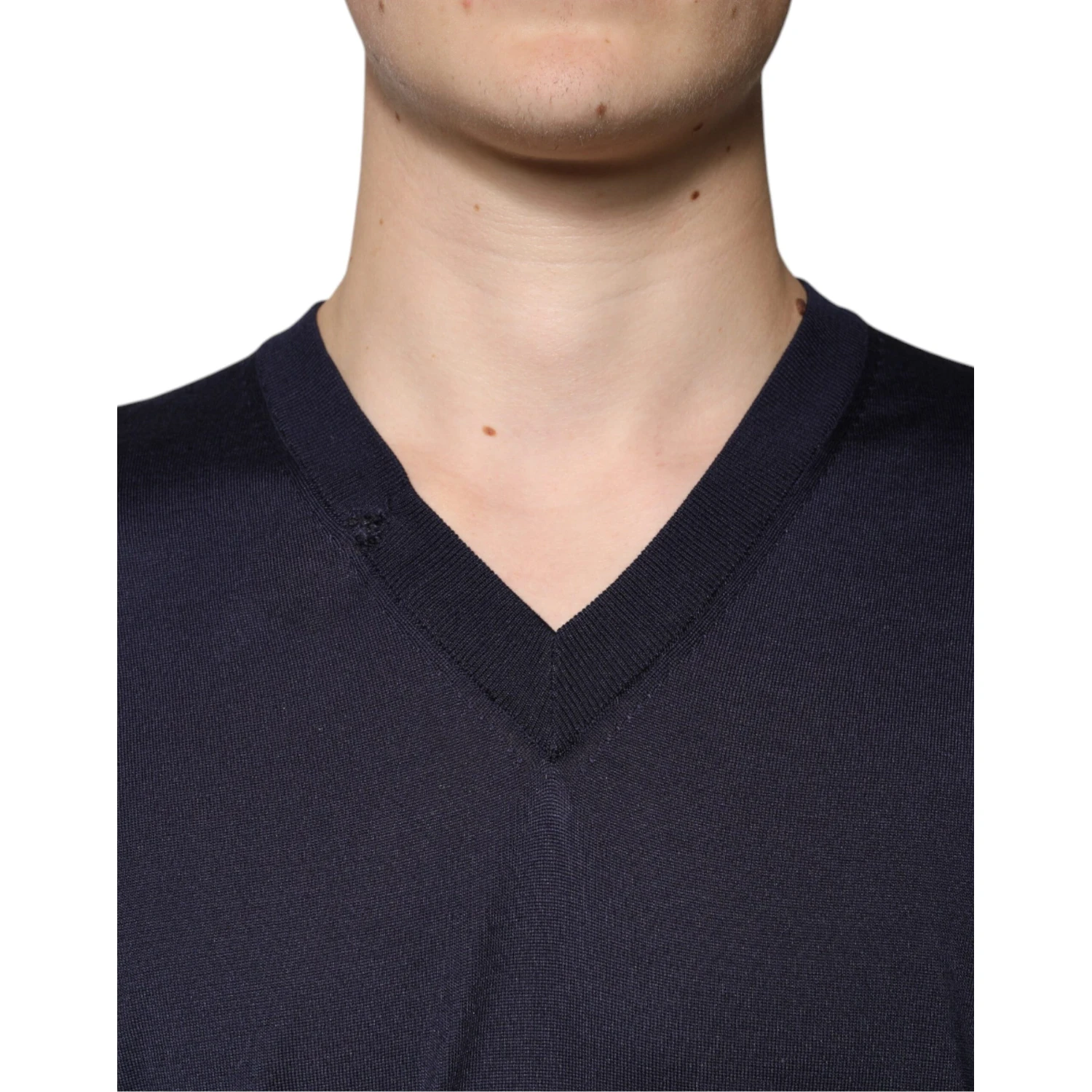 Navy Blue Silk V-neck Pullover Sweater