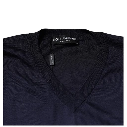 Navy Blue Silk V-neck Pullover Sweater