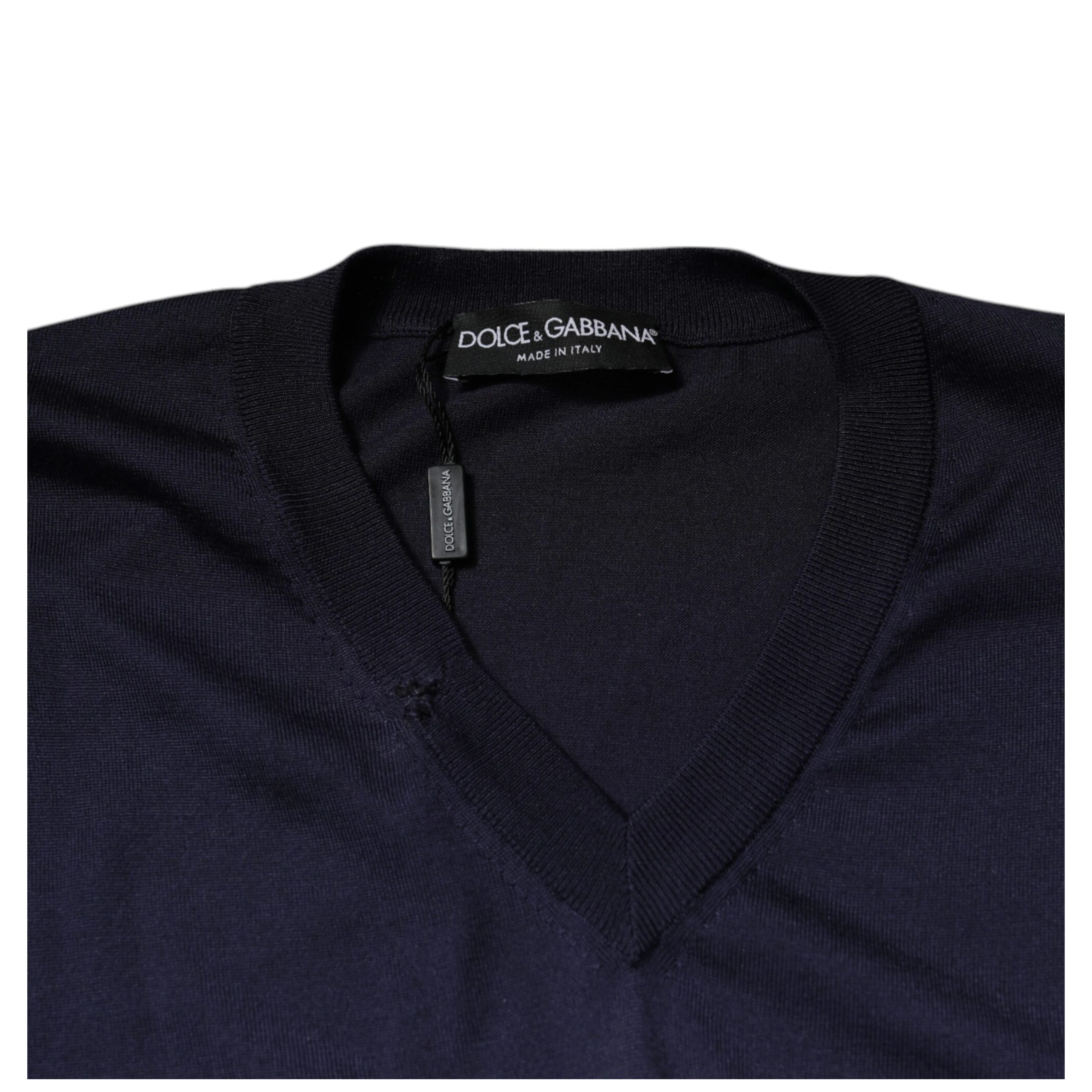 Navy Blue Silk V-neck Pullover Sweater