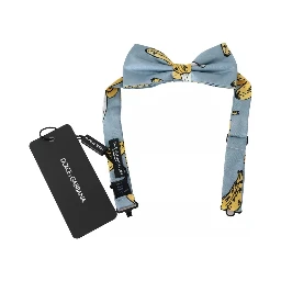 Light Blue Banana Print Silk Men Neck Bow Tie