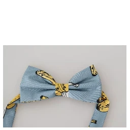 Light Blue Banana Print Silk Men Neck Bow Tie