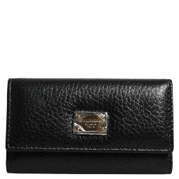 Black Leather Gold Metal Logo Plaque Trifold Keyring