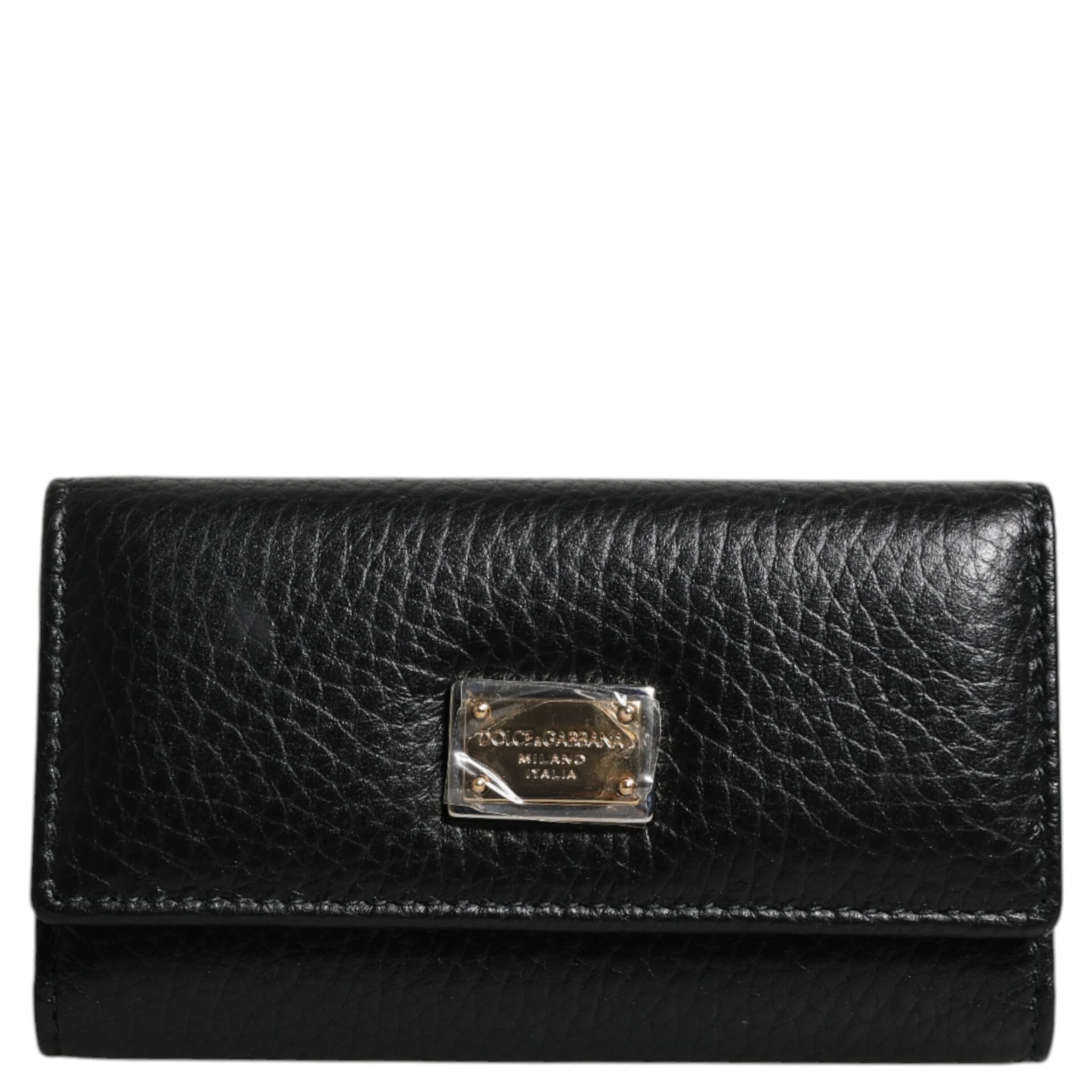 Black Leather Gold Metal Logo Plaque Trifold Keyring