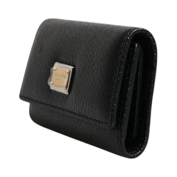 Black Leather Gold Metal Logo Plaque Trifold Keyring