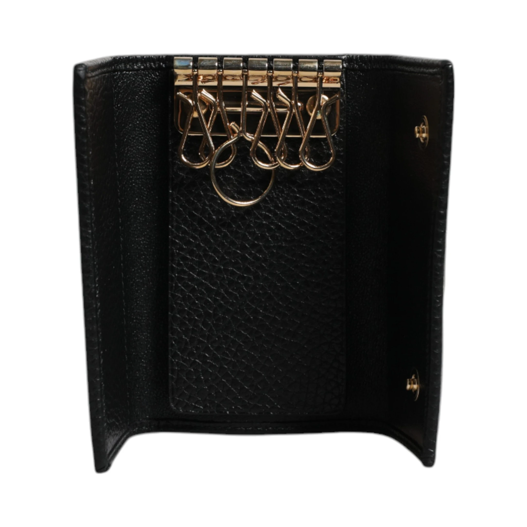 Black Leather Gold Metal Logo Plaque Trifold Keyring