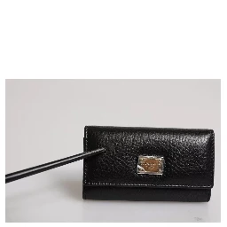 Black Leather Gold Metal Logo Plaque Trifold Keyring