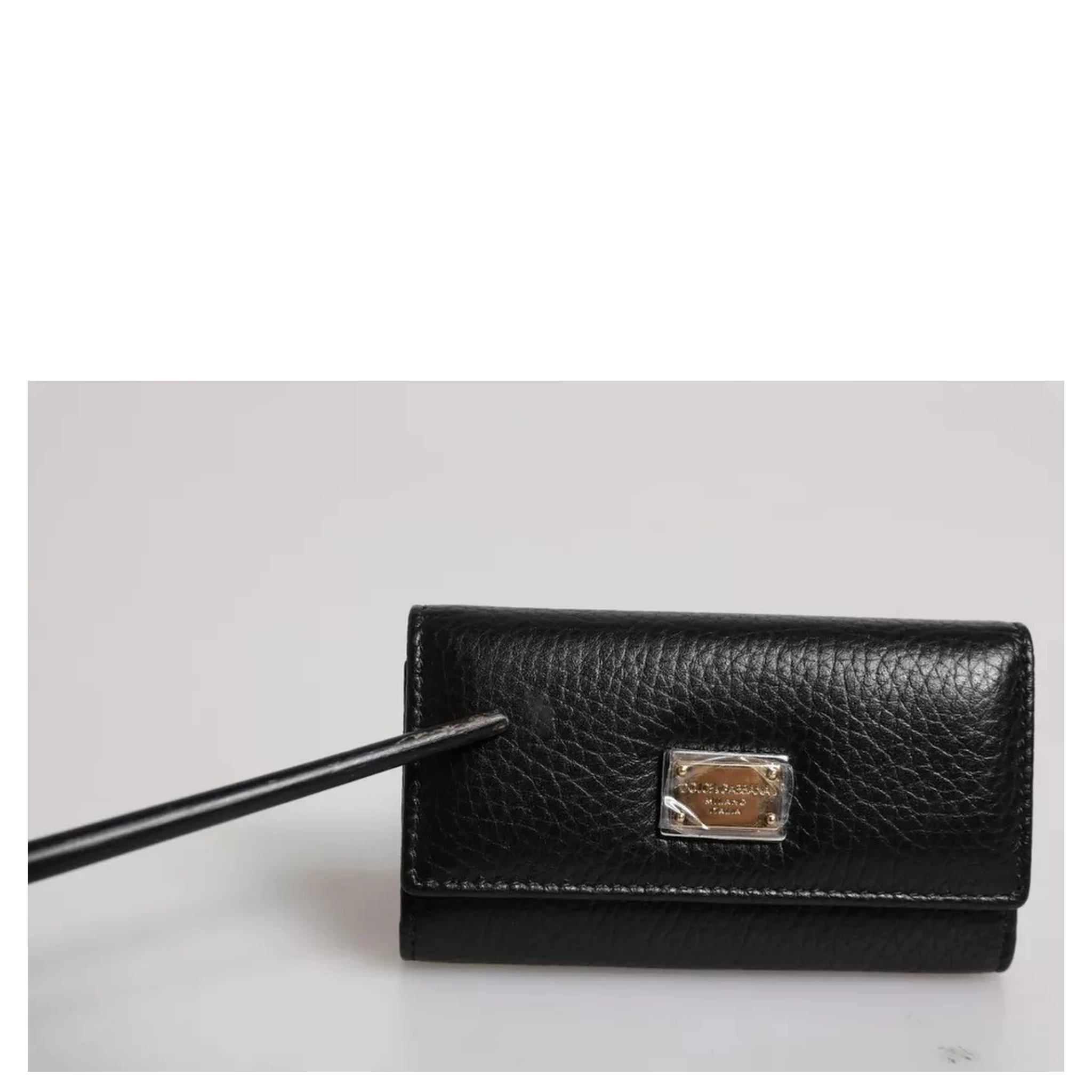 Black Leather Gold Metal Logo Plaque Trifold Keyring