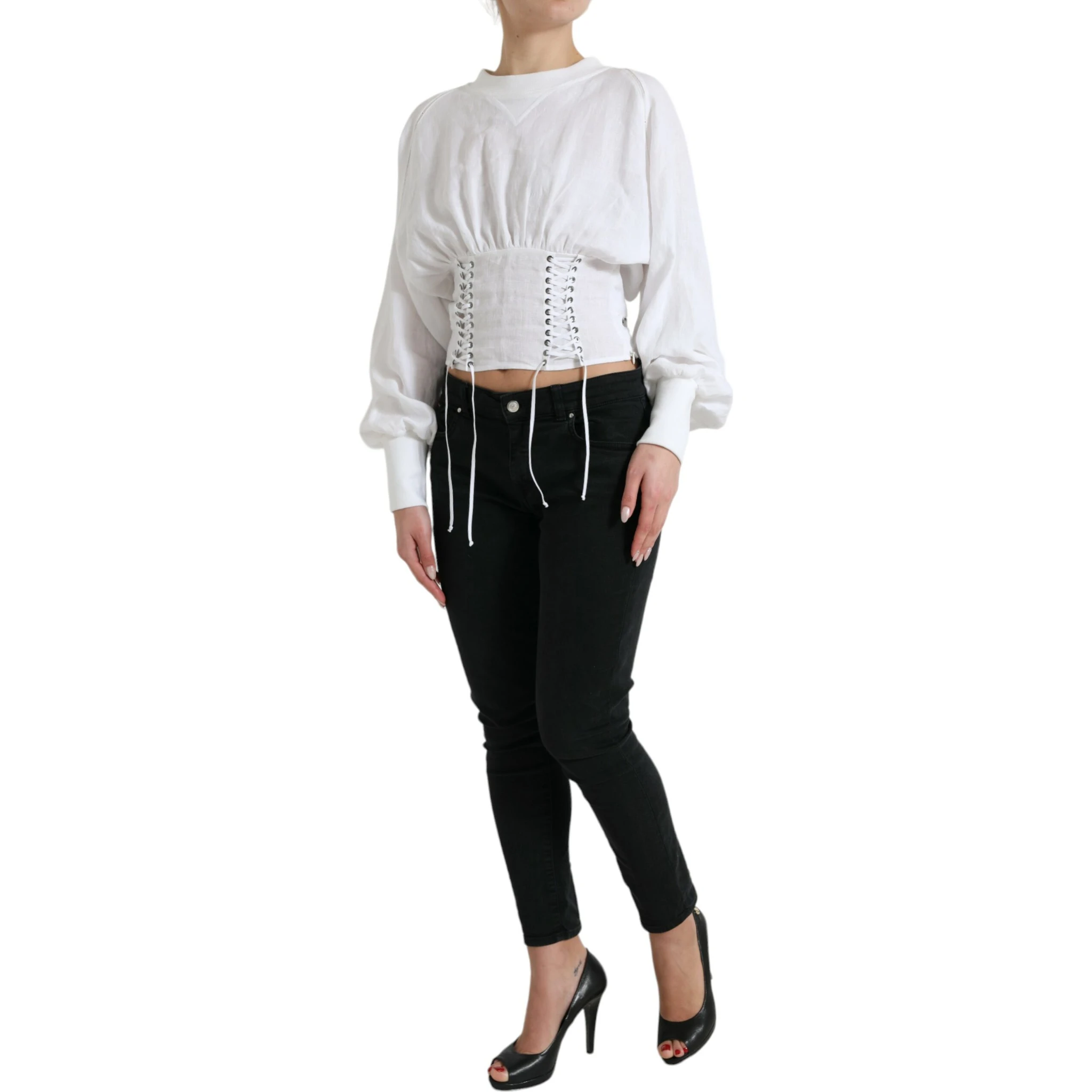 White Cotton Corset Cropped Long Sleeves Topclothing