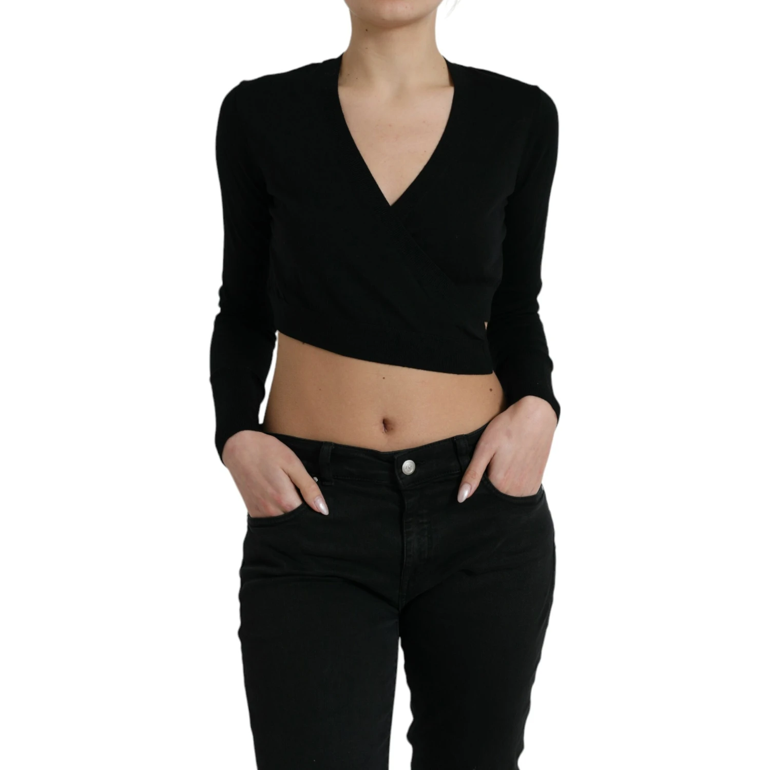 Black Wool V-neck Crossed Cardigan Sweater