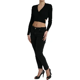 Black Wool V-neck Crossed Cardigan Sweater