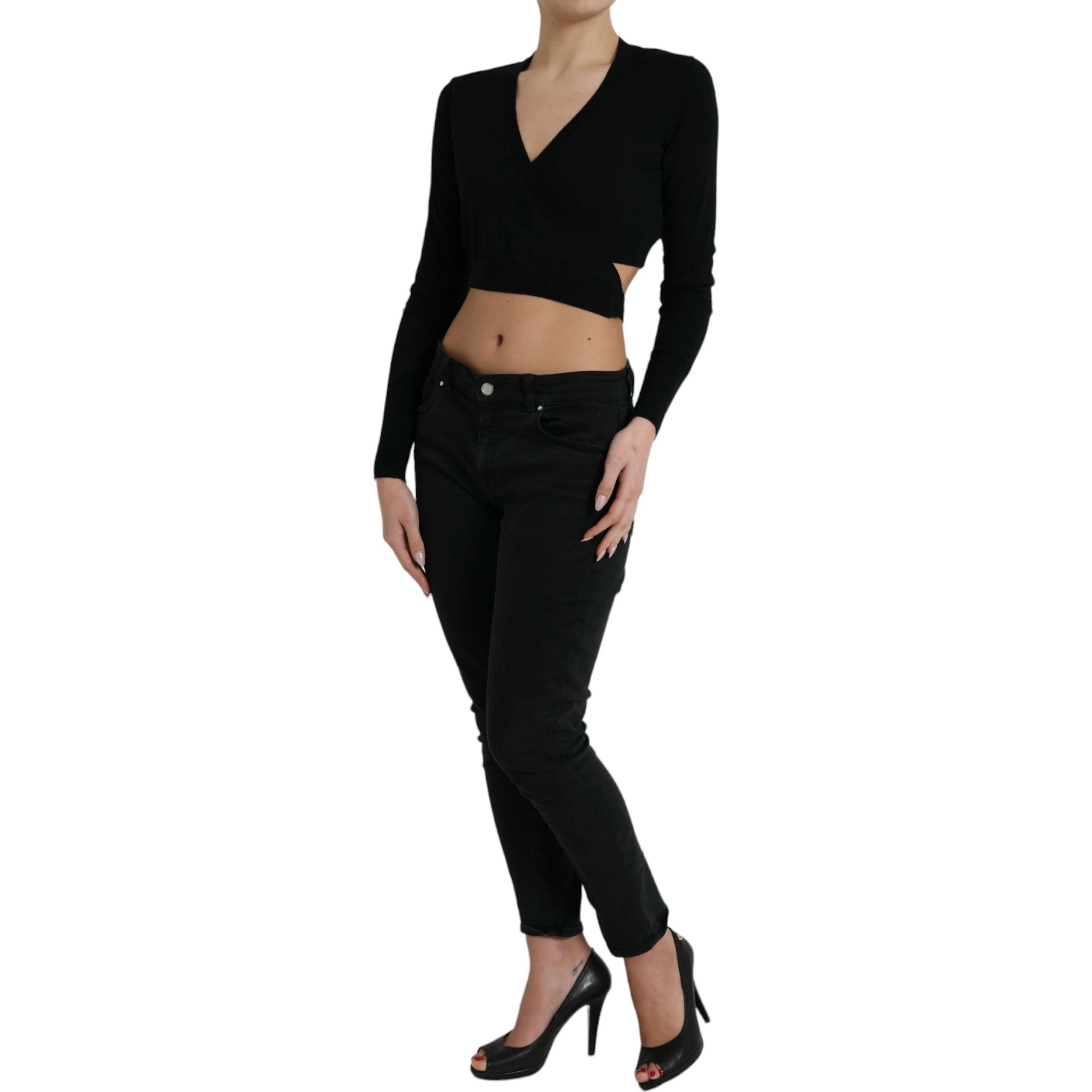 Black Wool V-neck Crossed Cardigan Sweater
