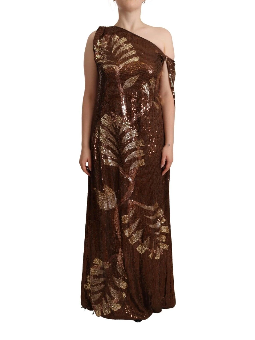 Brown Leaf Sequined Shift One Shoulder Long Dress