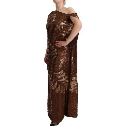 Brown Leaf Sequined Shift One Shoulder Long Dress