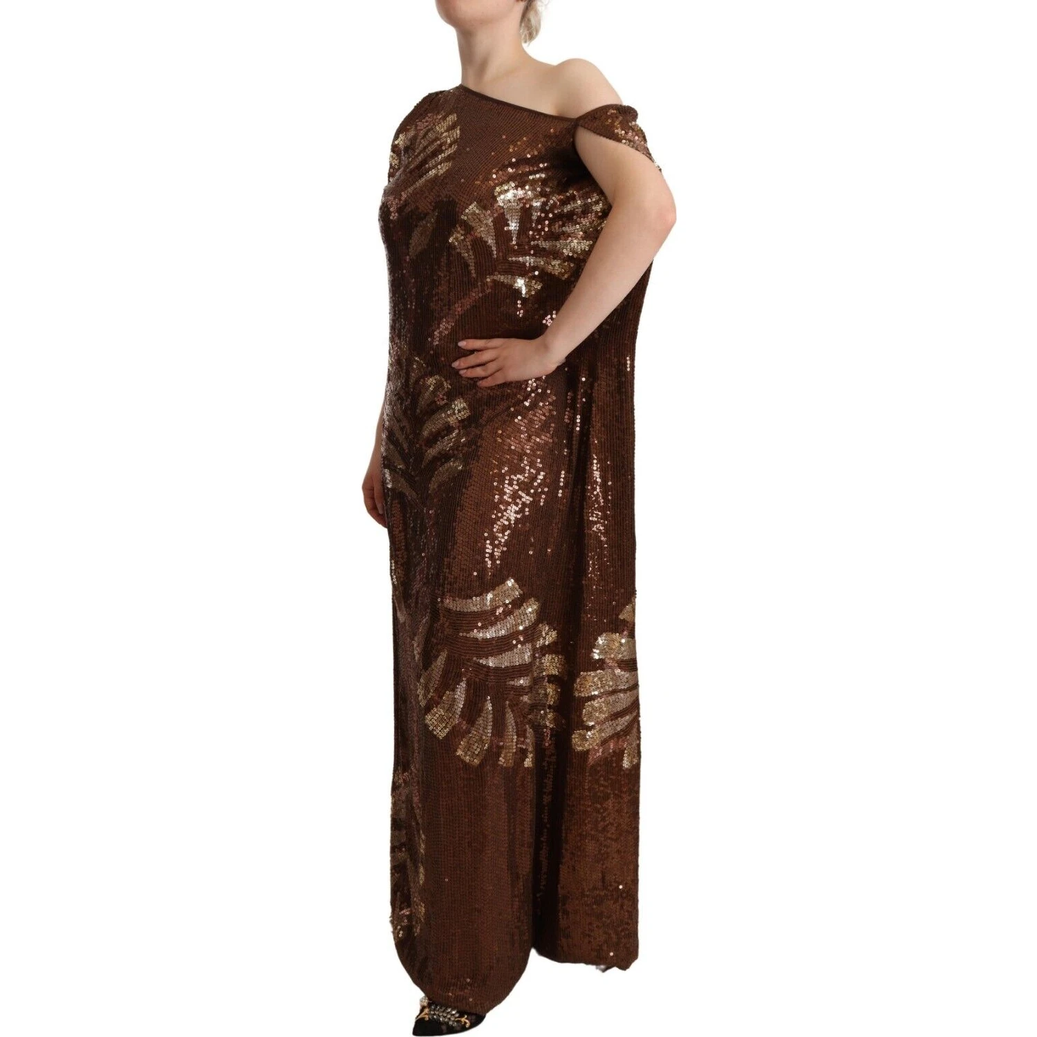 Brown Leaf Sequined Shift One Shoulder Long Dress