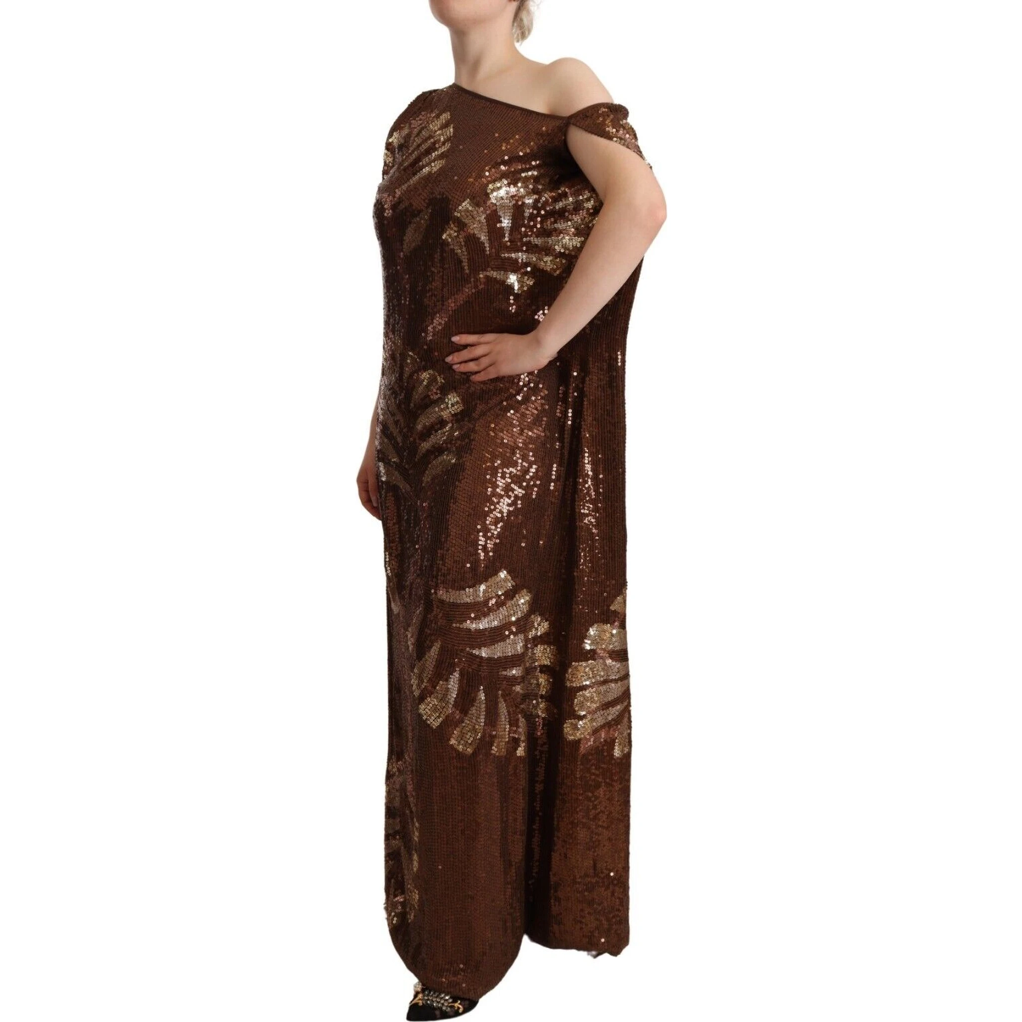 Brown Leaf Sequined Shift One Shoulder Long Dress