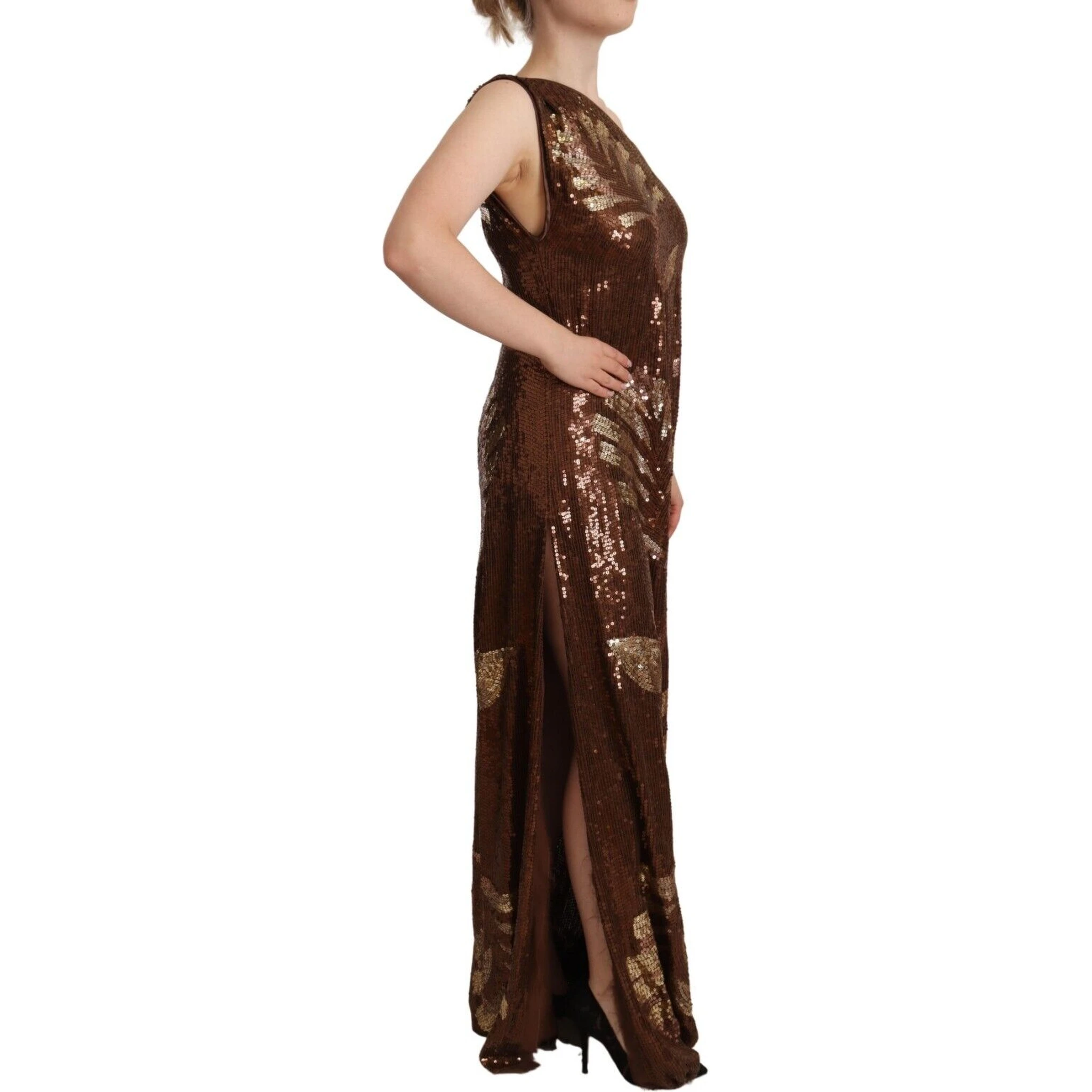 Brown Leaf Sequined Shift One Shoulder Long Dress