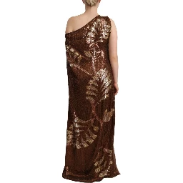Brown Leaf Sequined Shift One Shoulder Long Dress