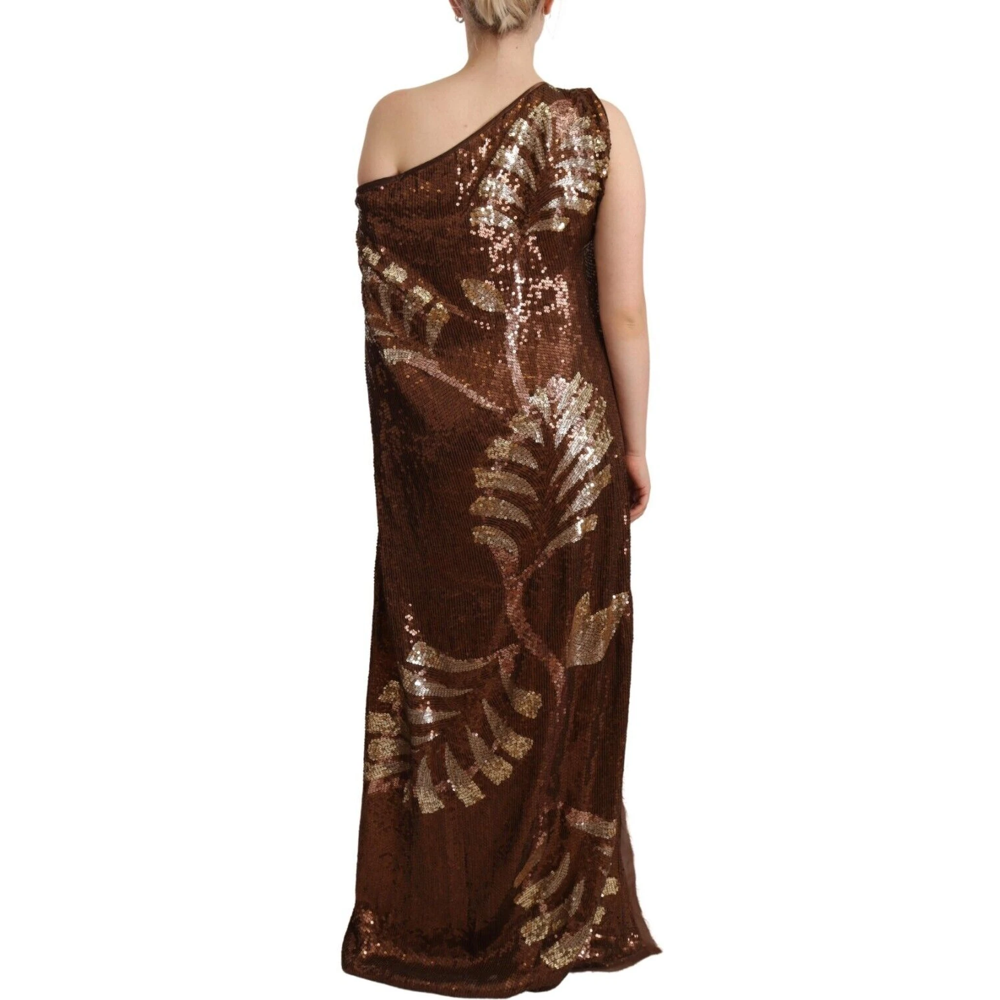 Brown Leaf Sequined Shift One Shoulder Long Dress