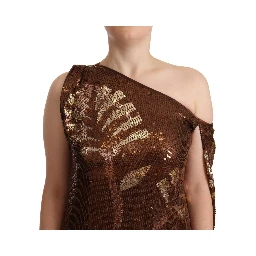 Brown Leaf Sequined Shift One Shoulder Long Dress
