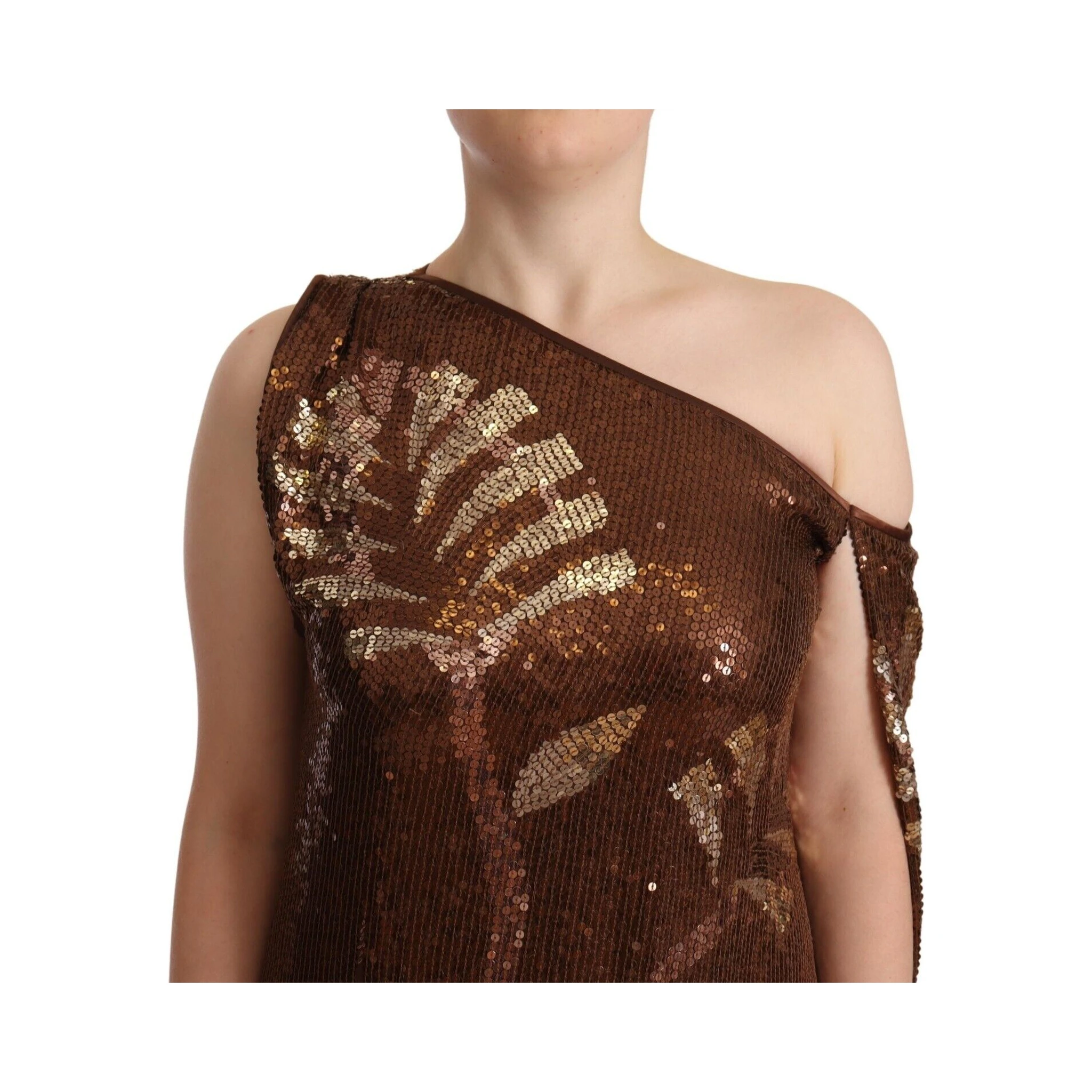 Brown Leaf Sequined Shift One Shoulder Long Dress