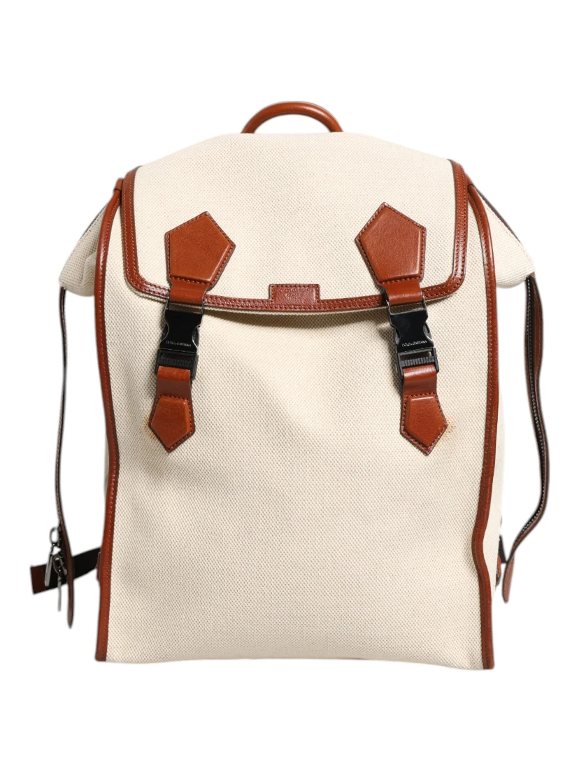 Beige Brown Canvas Leather Travel Back Pack Bag