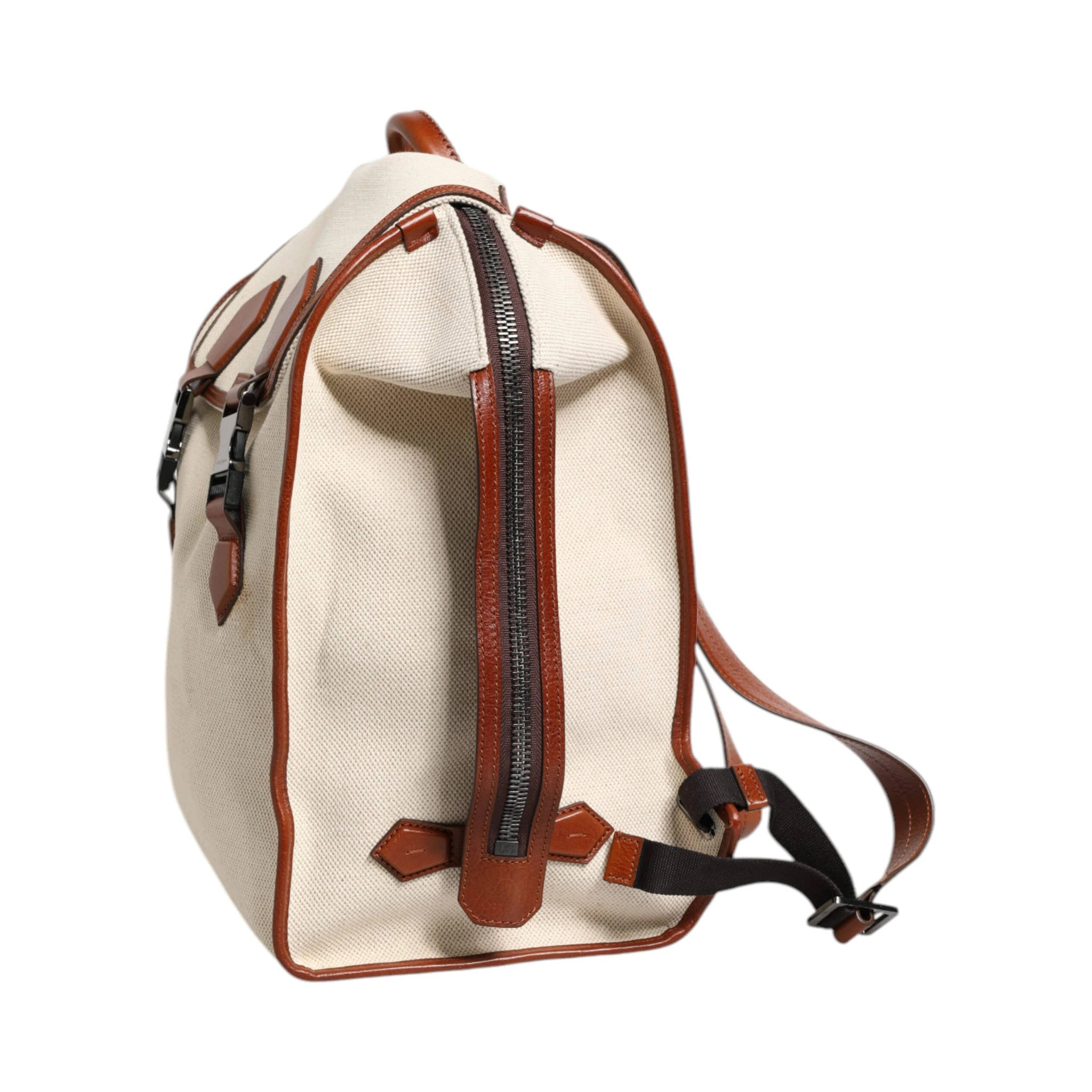Beige Brown Canvas Leather Travel Back Pack Bag