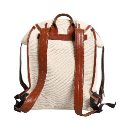 Beige Brown Canvas Leather Travel Back Pack Bag