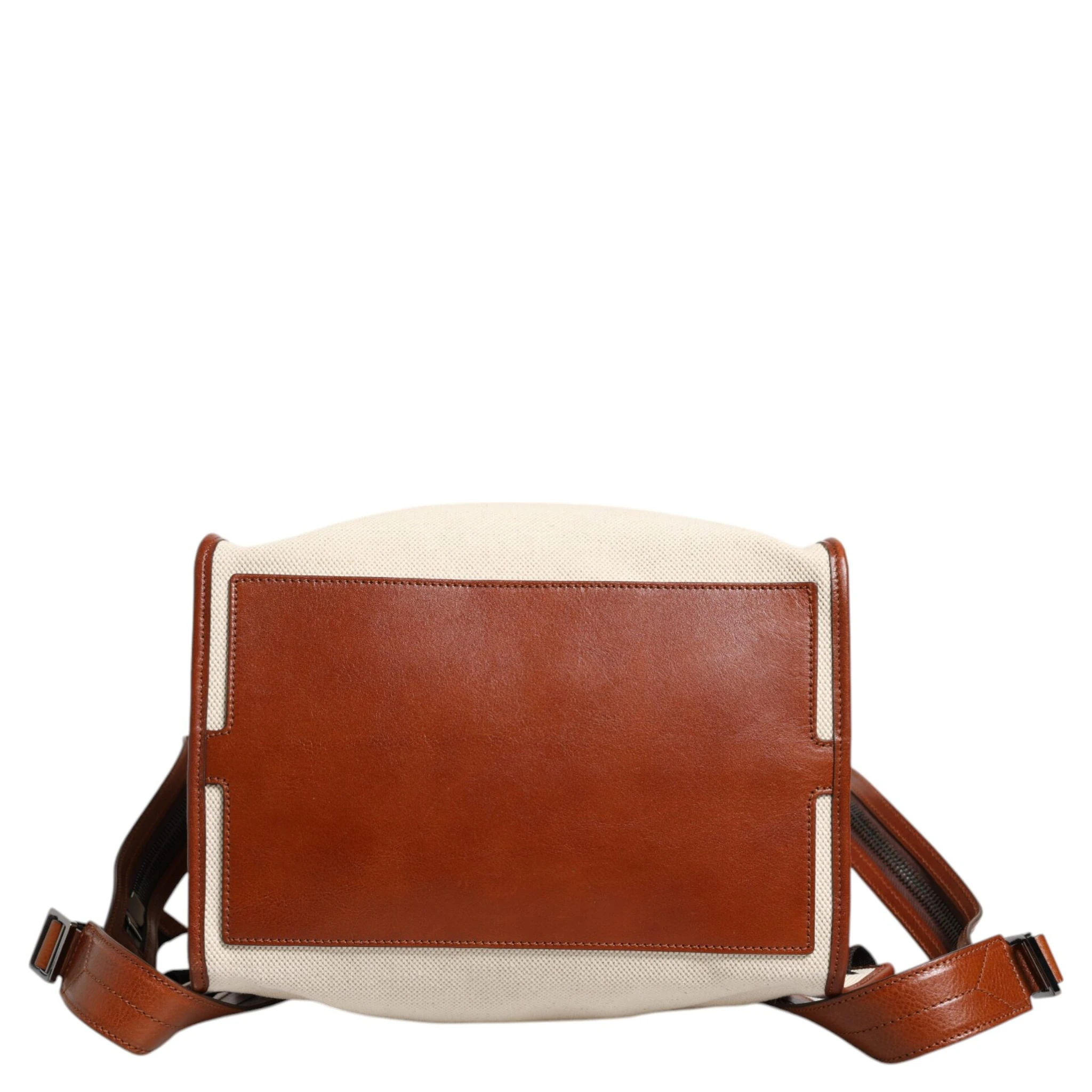 Beige Brown Canvas Leather Travel Back Pack Bag