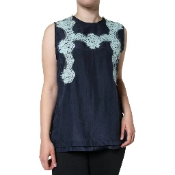 Blue Floral Lace Silk Sleeveless Tank Top
