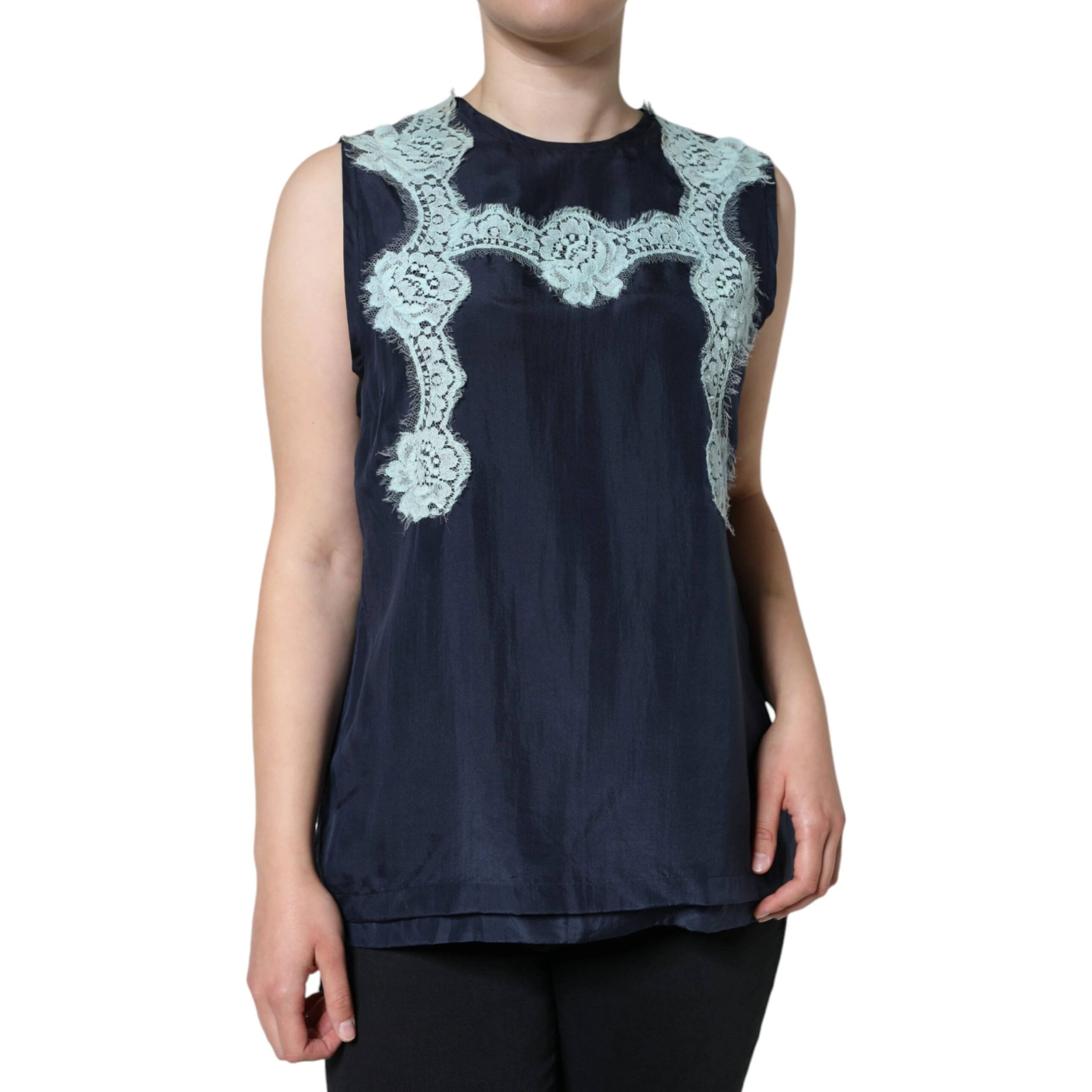 Blue Floral Lace Silk Sleeveless Tank Top