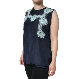 Blue Floral Lace Silk Sleeveless Tank Top