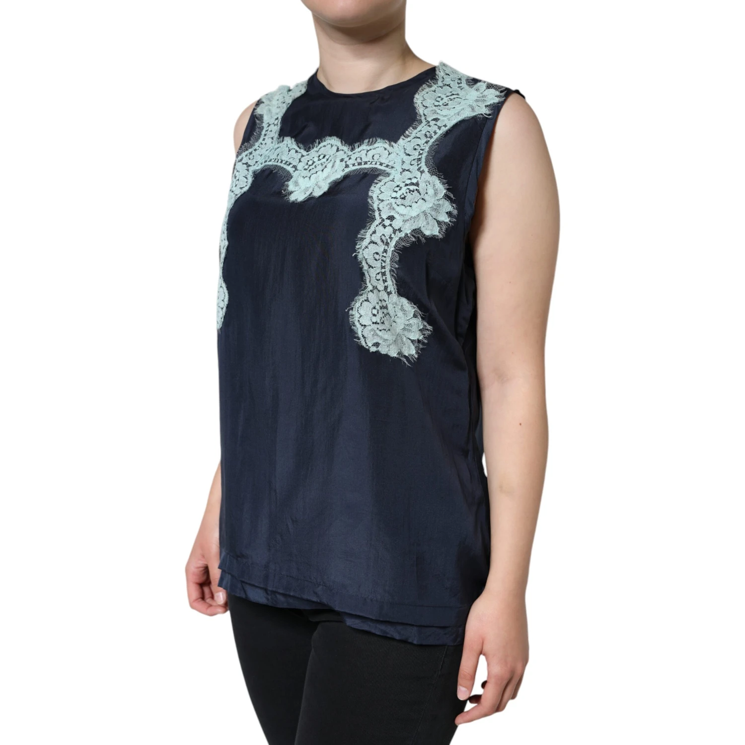 Blue Floral Lace Silk Sleeveless Tank Top