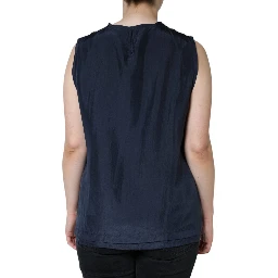 Blue Floral Lace Silk Sleeveless Tank Top