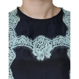 Blue Floral Lace Silk Sleeveless Tank Top