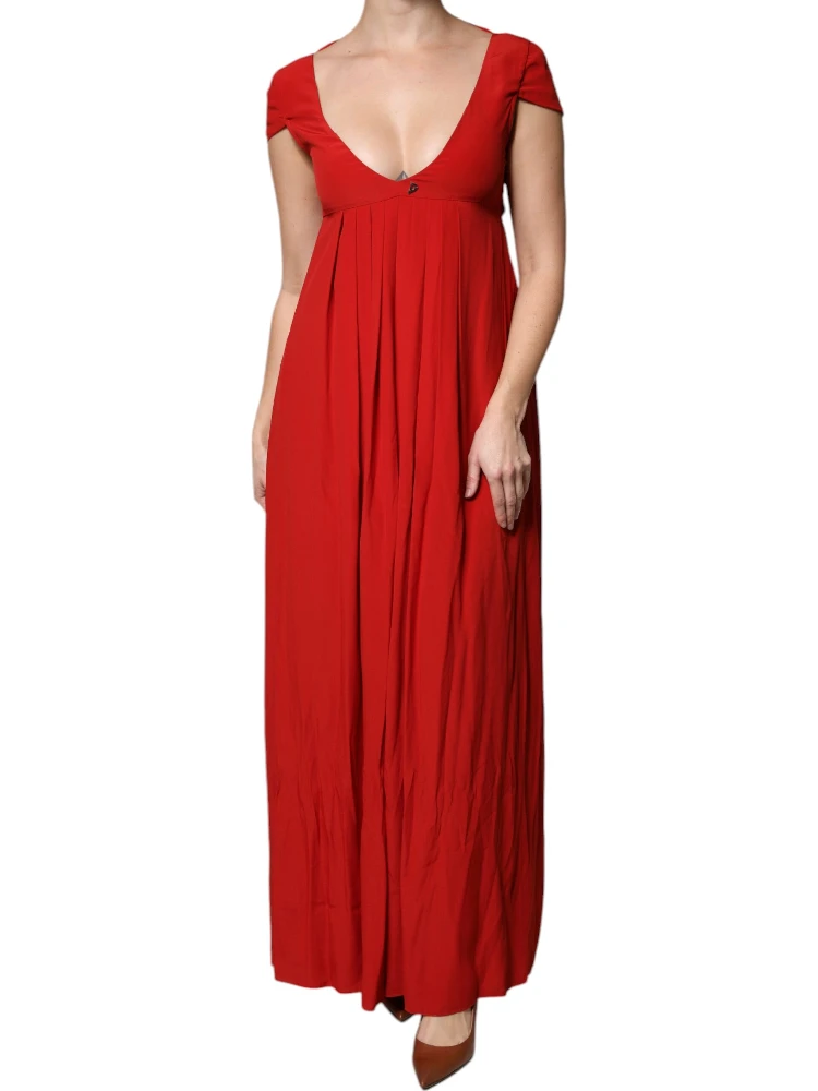 Red Acetate Short Sleeves Plunging Neckline Maxi Dress alternative