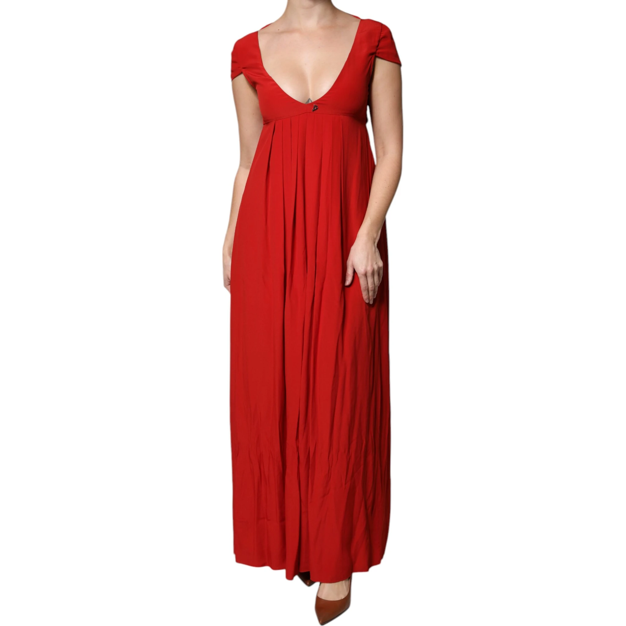 Red Acetate Short Sleeves Plunging Neckline Maxi Dress