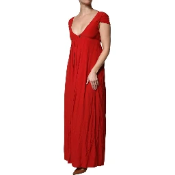 Red Acetate Short Sleeves Plunging Neckline Maxi Dress