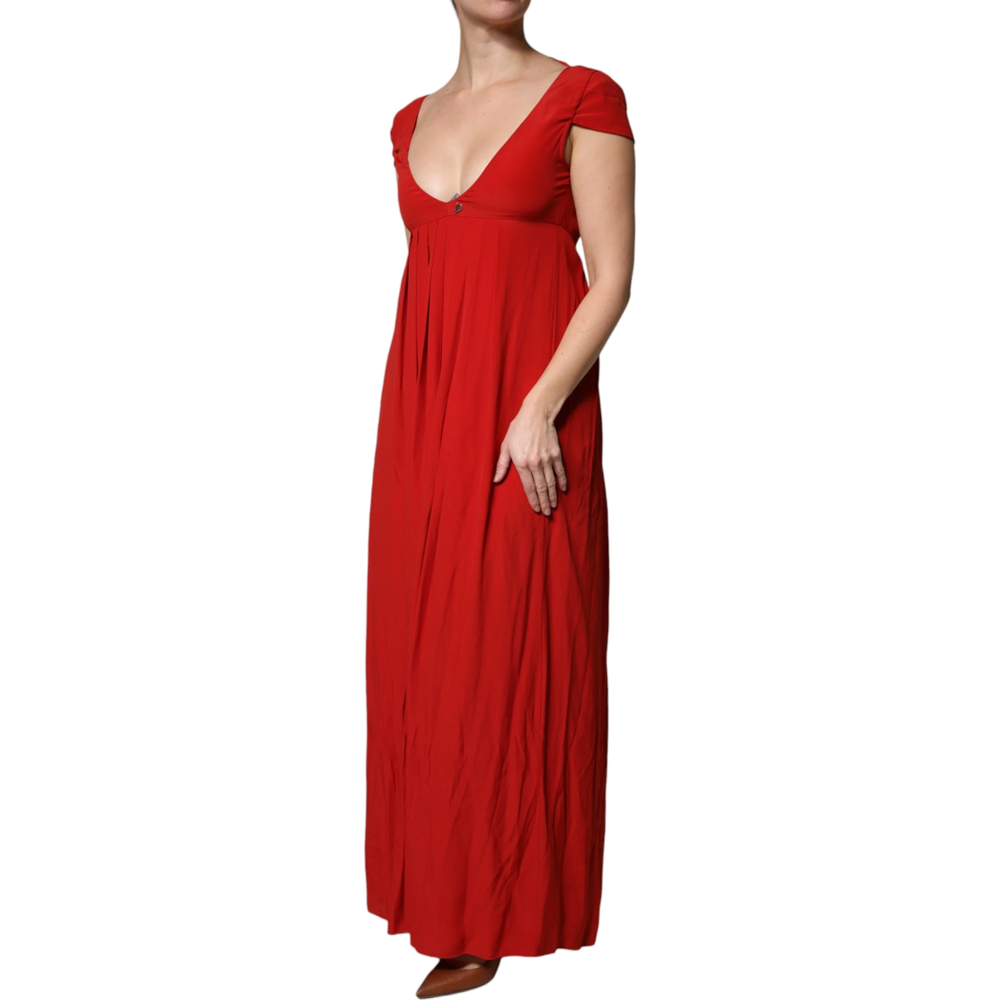 Red Acetate Short Sleeves Plunging Neckline Maxi Dress