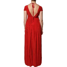 Red Acetate Short Sleeves Plunging Neckline Maxi Dress