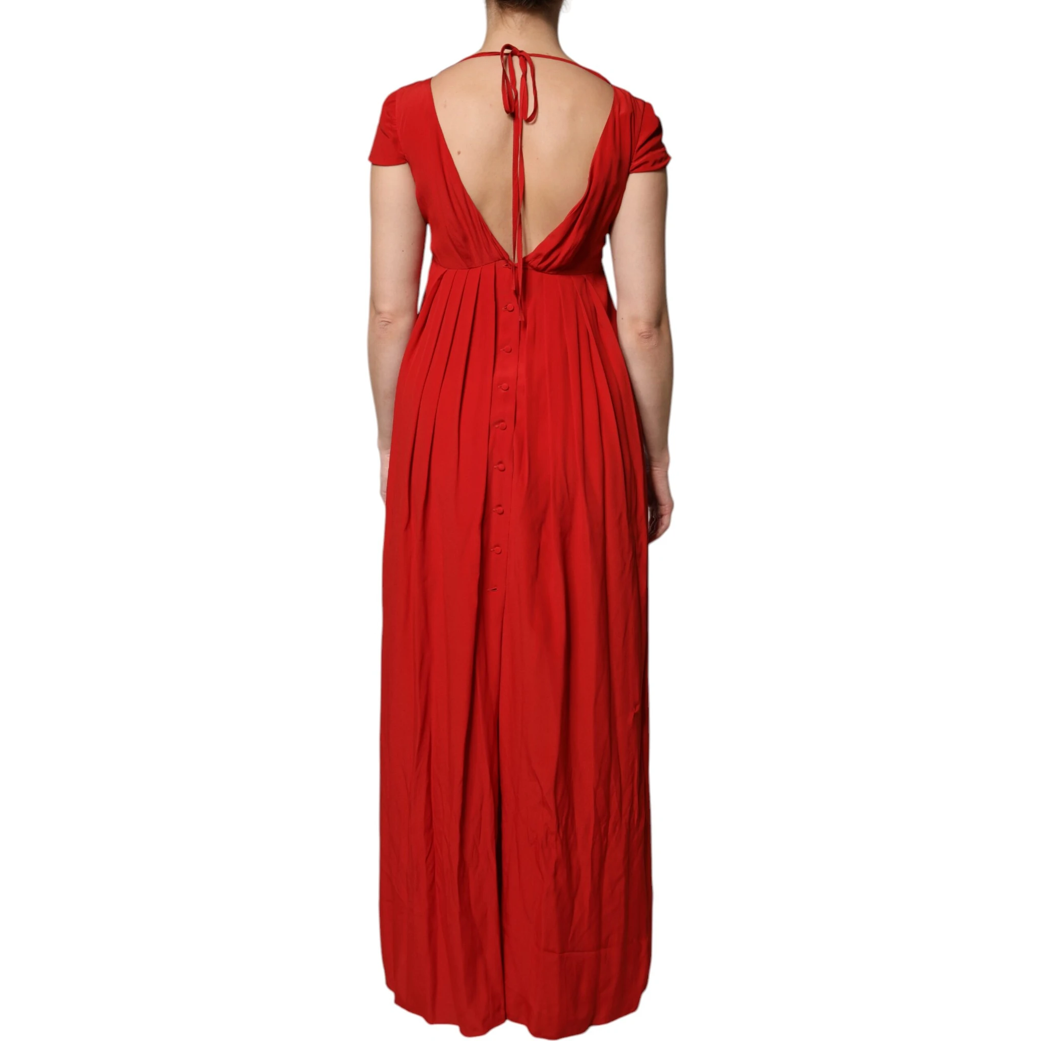 Red Acetate Short Sleeves Plunging Neckline Maxi Dress