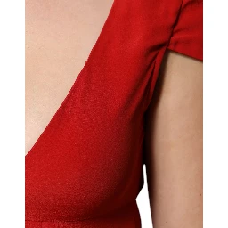 Red Acetate Short Sleeves Plunging Neckline Maxi Dress