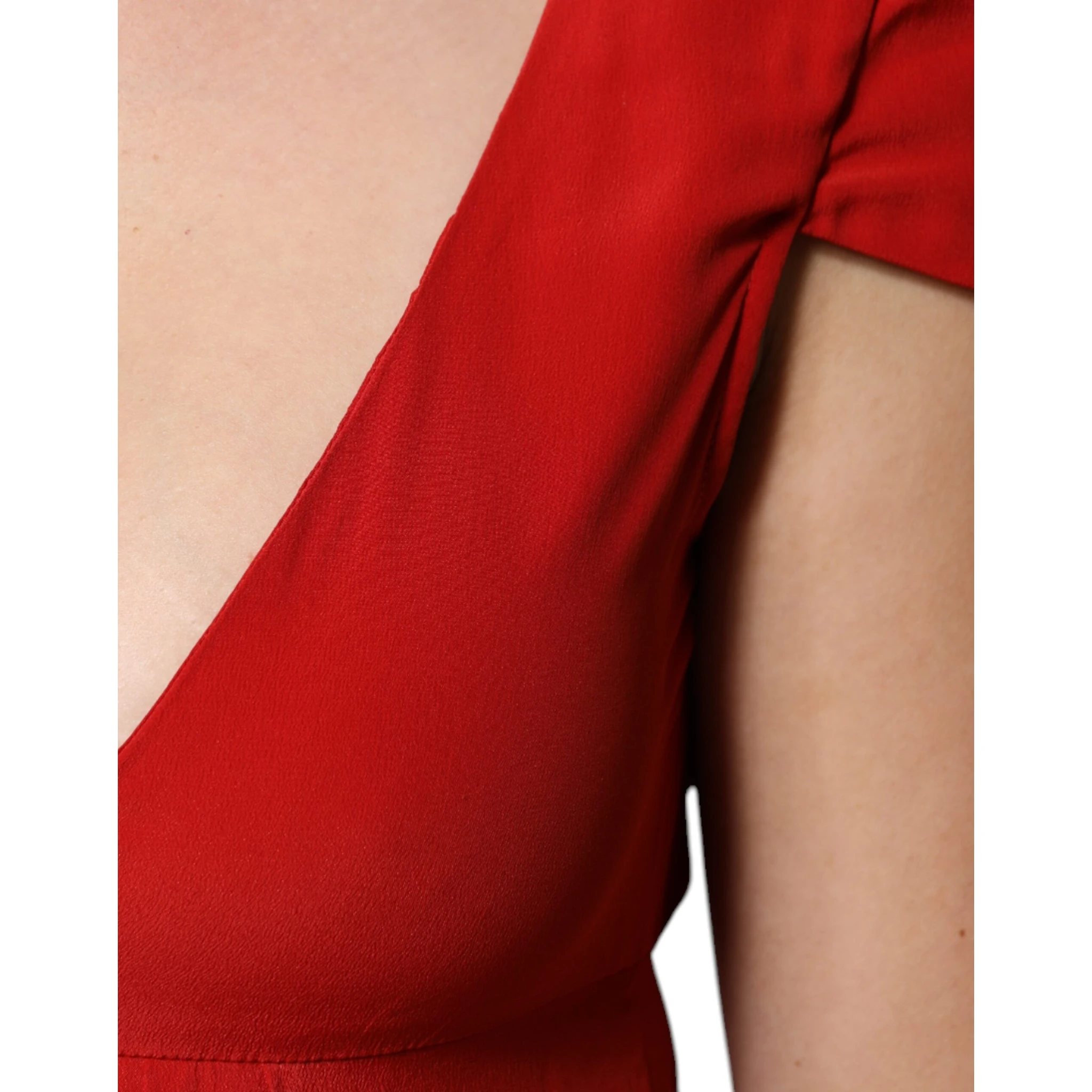 Red Acetate Short Sleeves Plunging Neckline Maxi Dress