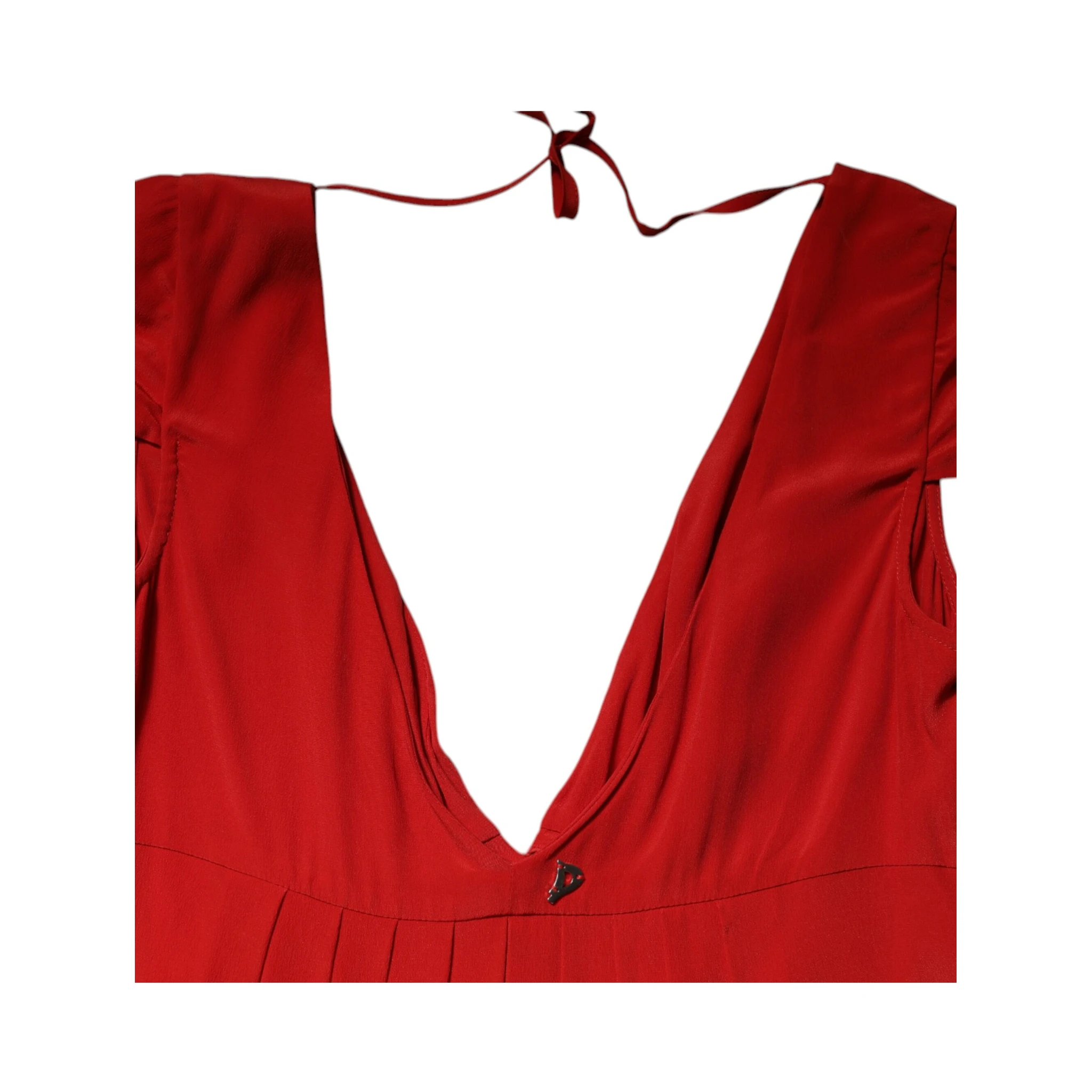 Red Acetate Short Sleeves Plunging Neckline Maxi Dress