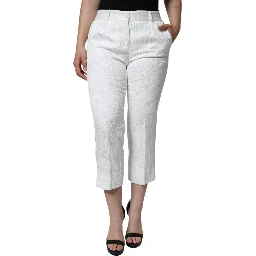 White Floral Brocade Cotton Cropped Pants