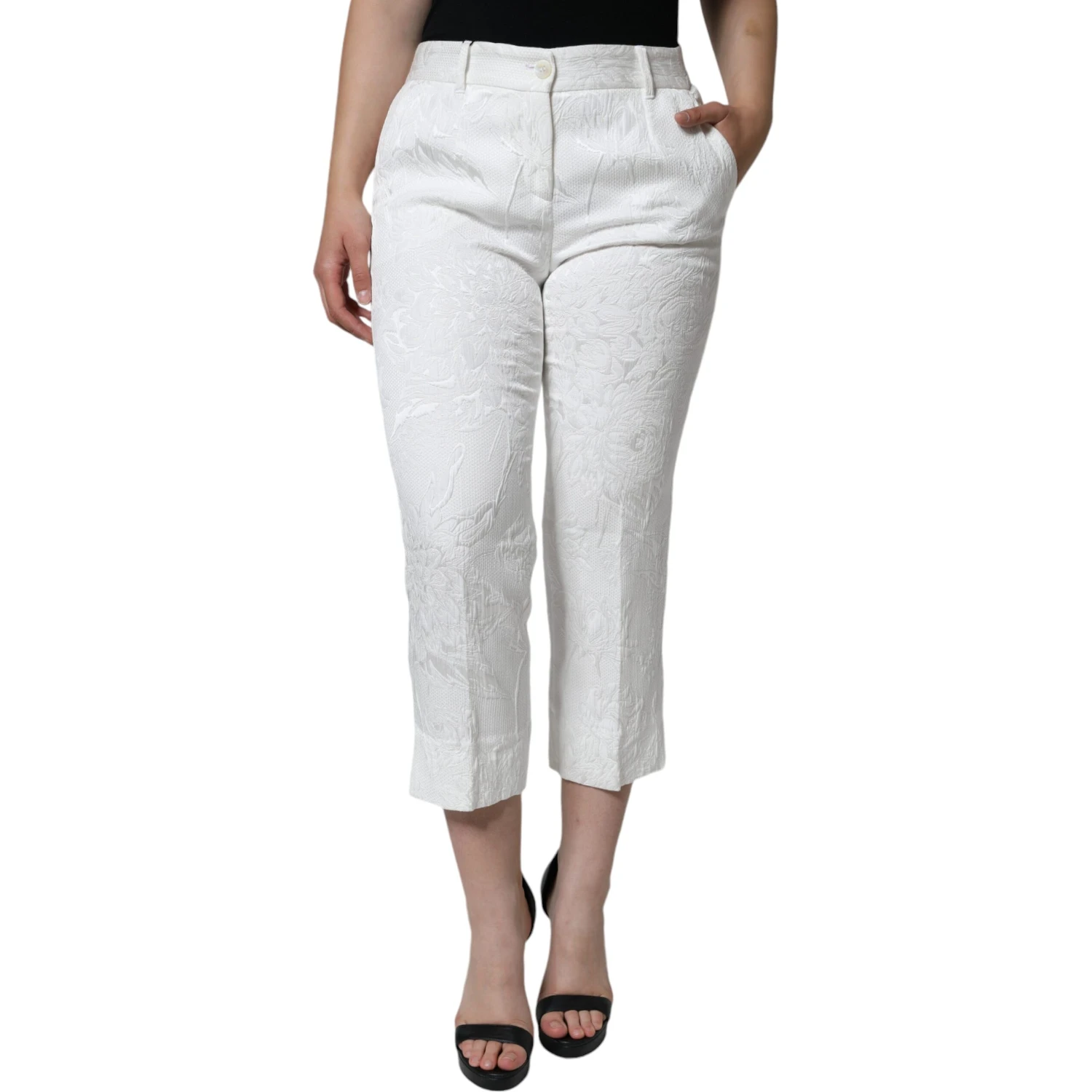 White Floral Brocade Cotton Cropped Pants