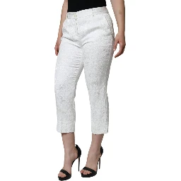 White Floral Brocade Cotton Cropped Pants