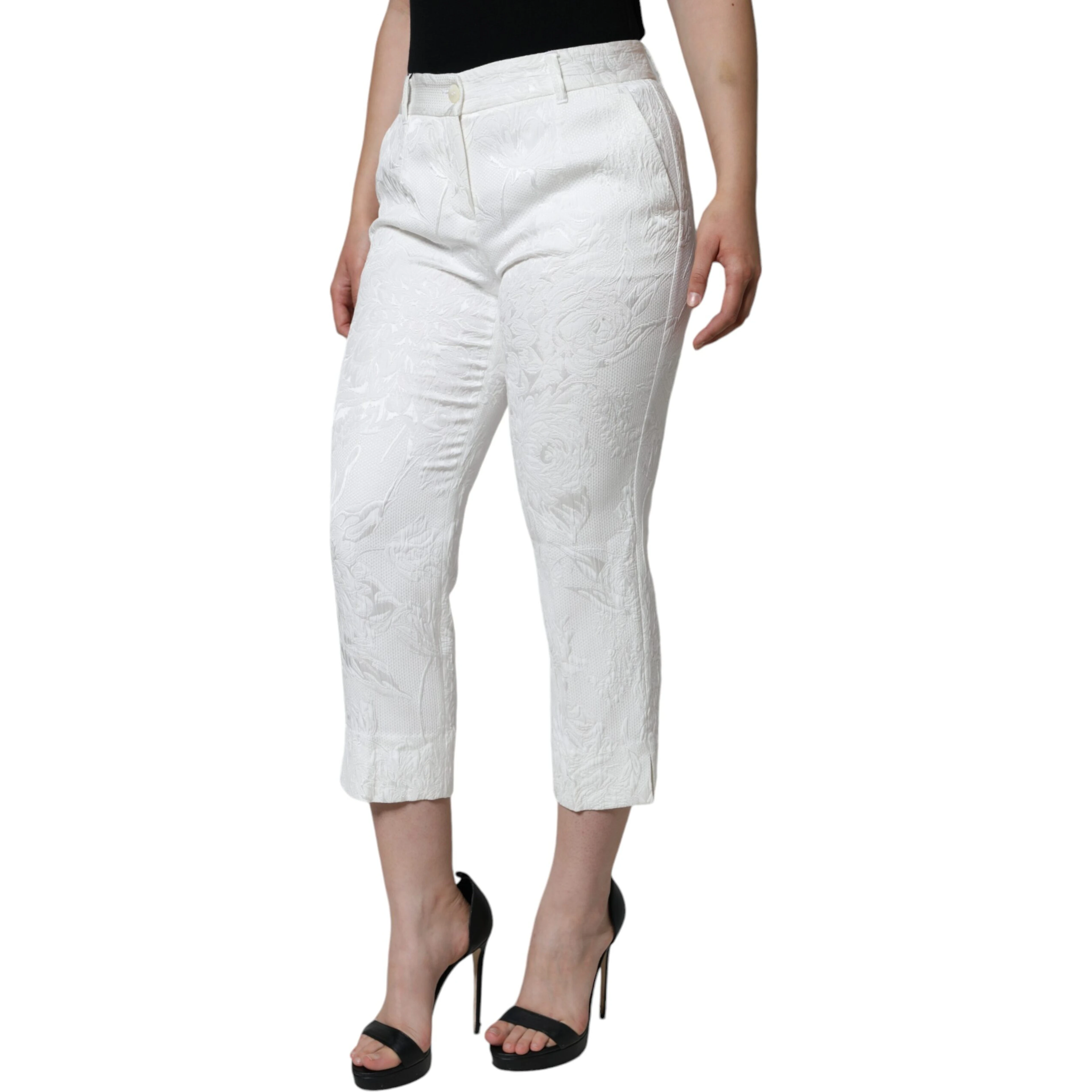 White Floral Brocade Cotton Cropped Pants